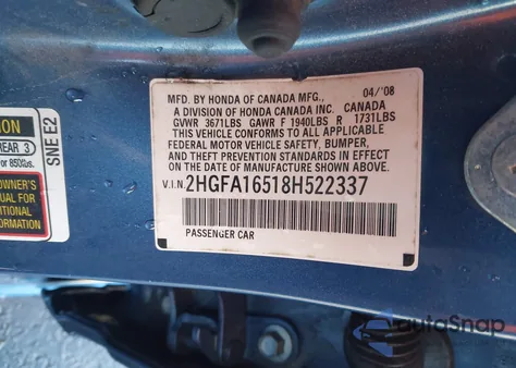 2008 Honda Civic Lx из США, поврежденный, VIN 2HGFA16518H522337